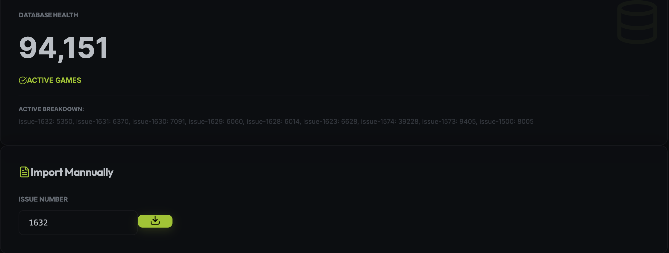 macbase Dashboard — database health and manual import