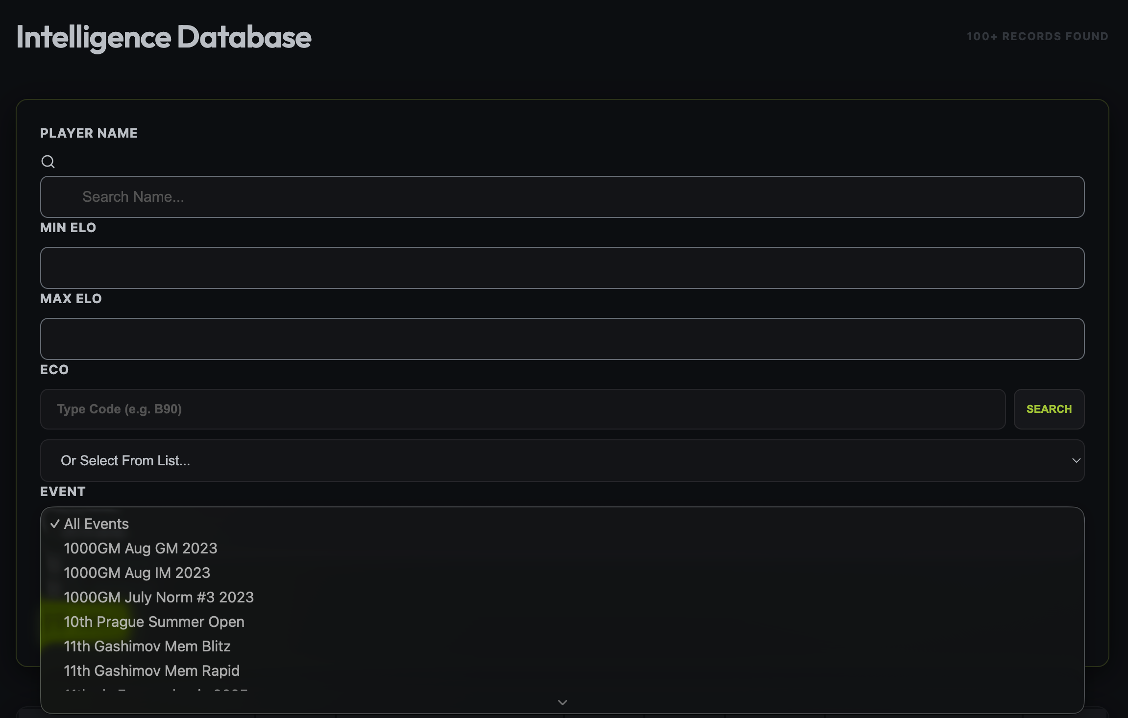 macbase Database — filters: player, ELO, ECO, event