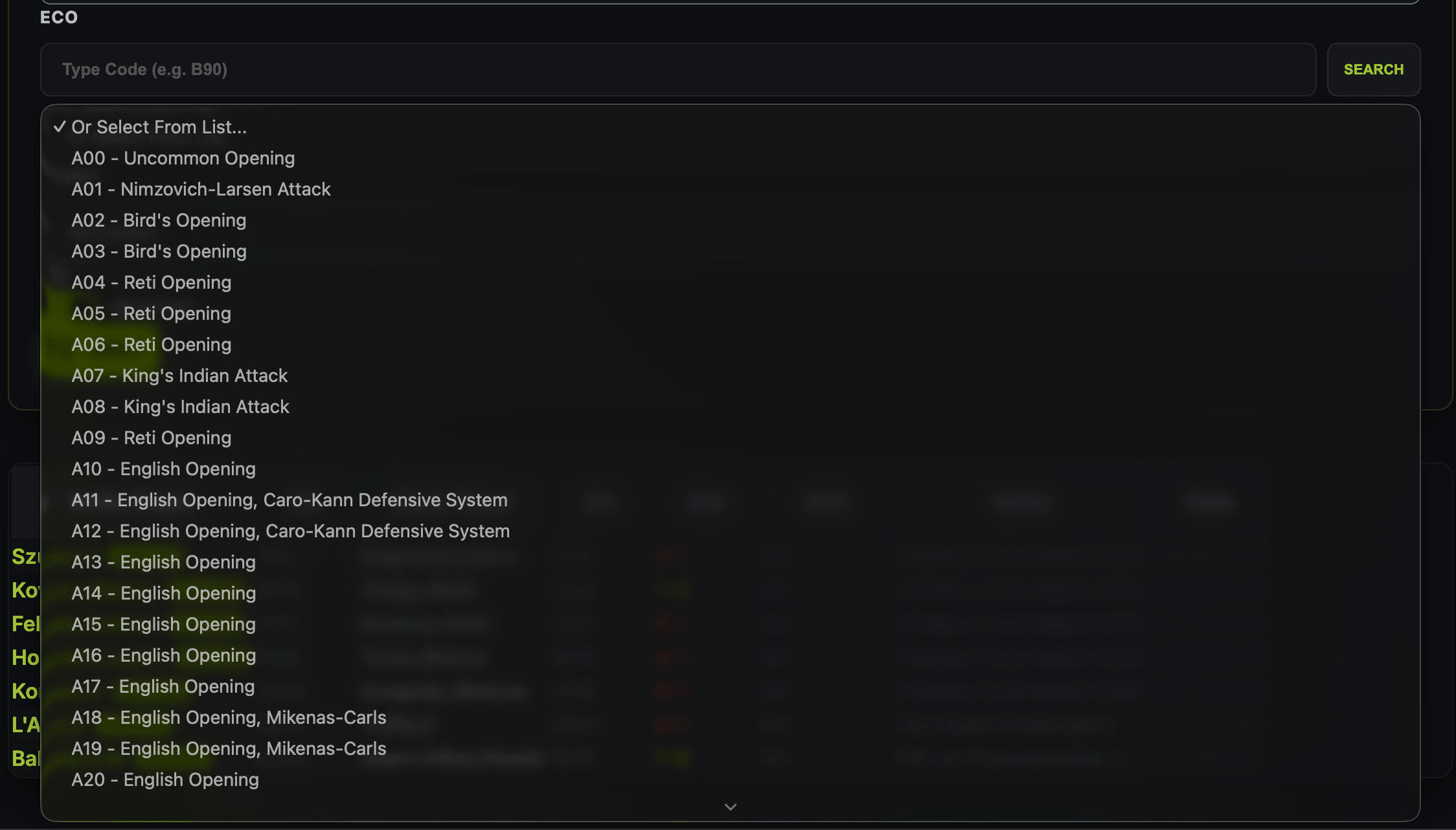 macbase Database — ECO opening code search with full names